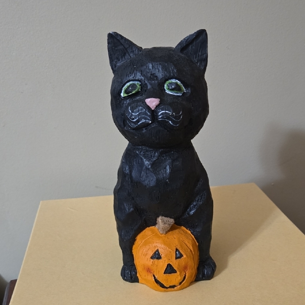 Halloween Black Cat Resin Figurine with Pumpkin 9 Inches